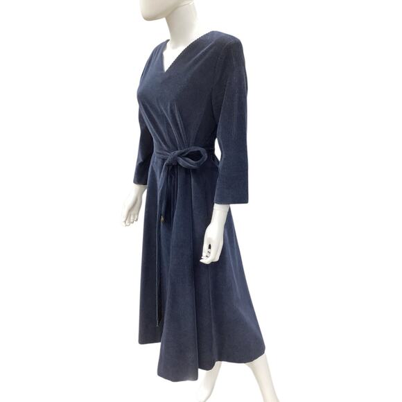 ‘S MaxMara Dress Women’s Size 10 Corduroy Belted V-Neck Back Zipper Navy Blue - Picture 2 of 6